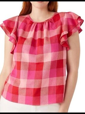 Kate Spade New York Linen Plaid Flutter Sleeve Woven Blouse Deep Hibiscus Size M